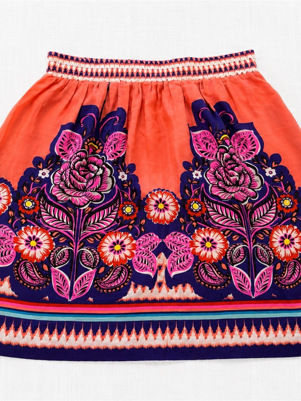 Anthropologie Coral Floral Border Smocked Skirt